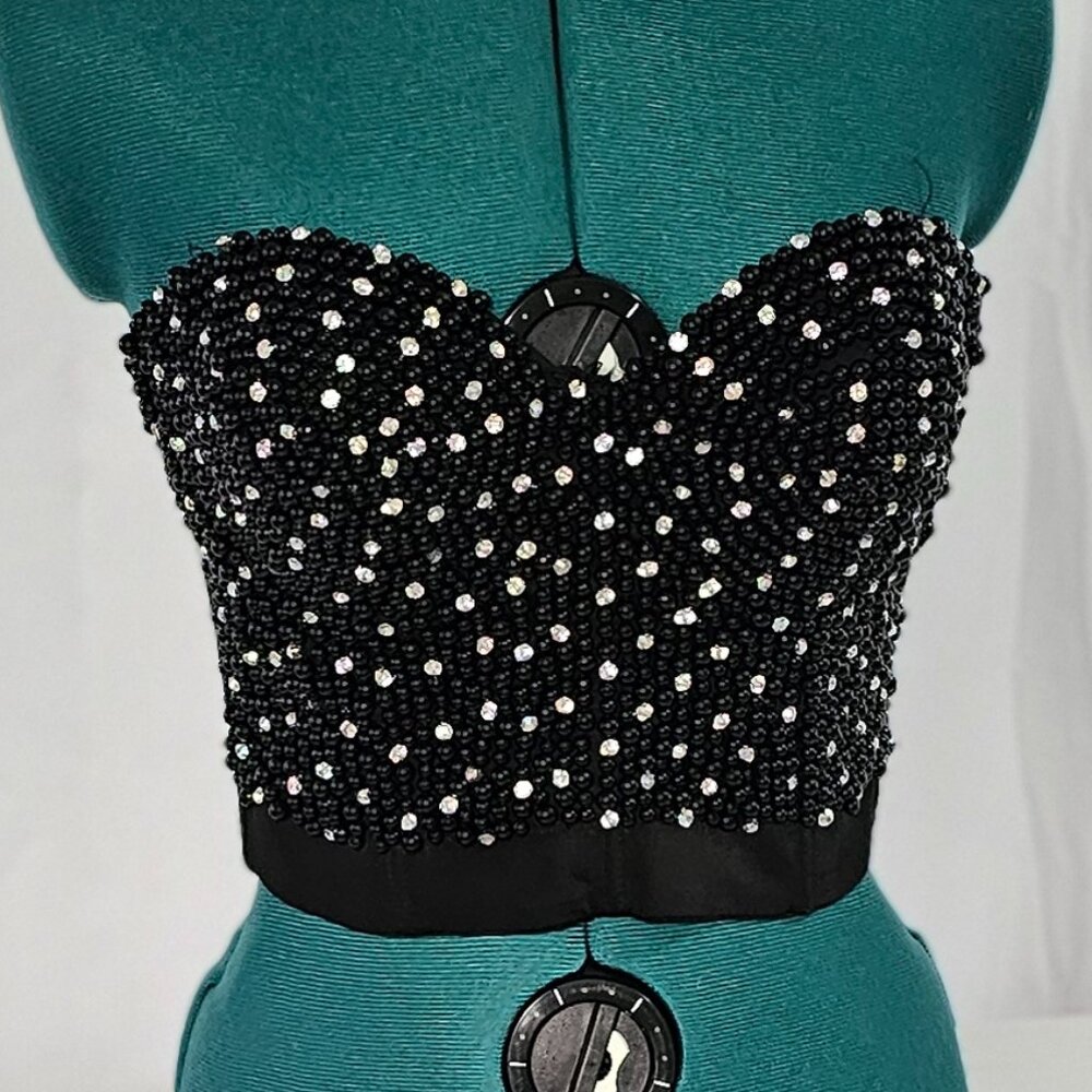San Joy Black Beaded Strapless Top – Rhinestone Glam, Sweetheart Neckline Size M